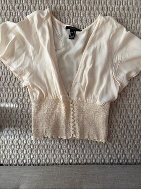 Forever 21 Cream Short Puff-Sleeve Smocked-Waist Blouse